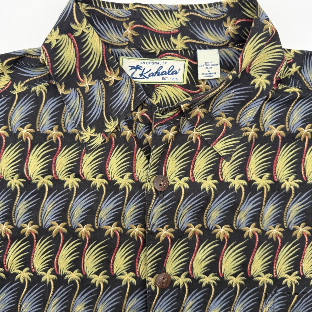 Kahala Hawaiian Shirt Mens Large Black Cotton Lawn Slub Tropical Palm Tree Print